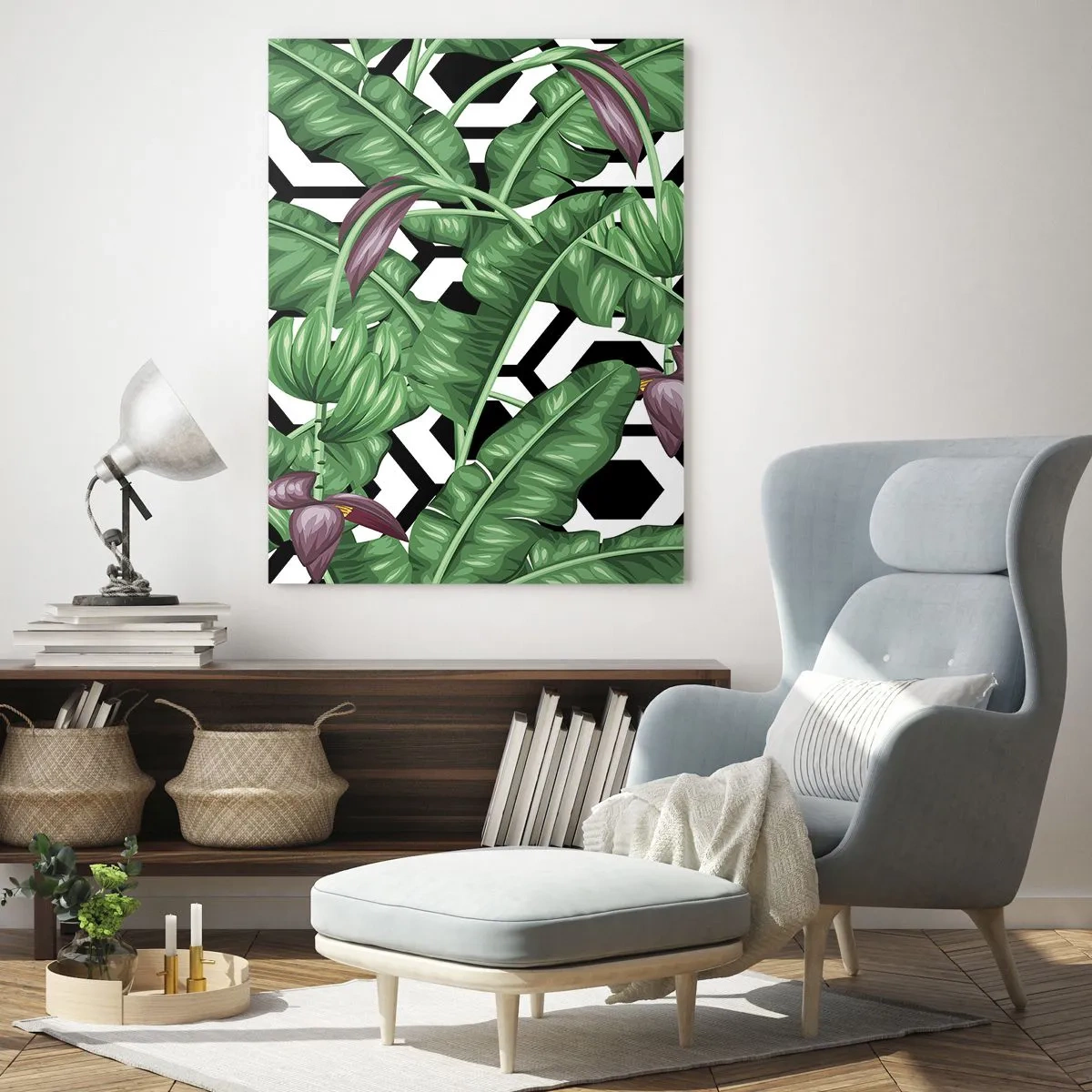 Glasbild - Bild auf glas - Tropische Blätter auf geometrischem Hintergrund - 70x100cm - Von Natur aus eine symmetrische Komposition - Moderne Wanddekoration für Wohnzimmer und Schlafzimmer ARTTOR