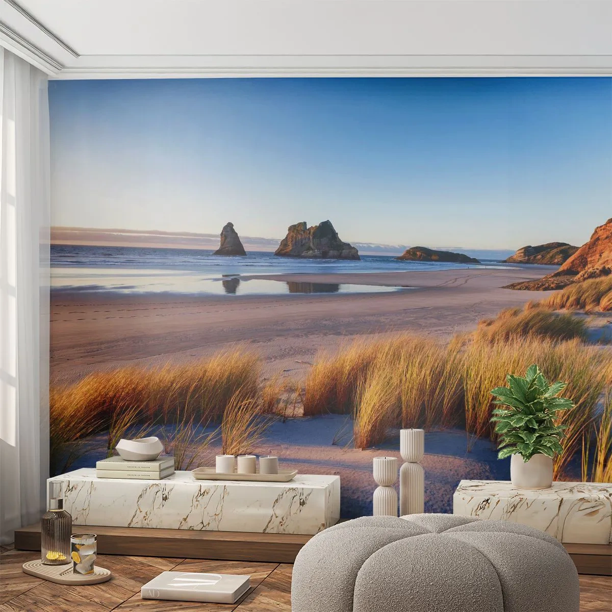 Fototapete Premium Sand - Goldenes Gras und ein friedlicher Strand bei Sonnenuntergang - 100x70cm - Für Friedenssuchende - Moderne Wanddekoration für Wohnzimmer und Schlafzimmer ARTTOR