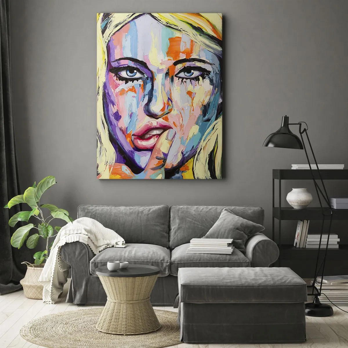Bild auf Leinwand - Leinwandbild - Farbenfrohes Porträt einer Frau im abstrakten Stil - 70x100cm - Schau ihr direkt in die Augen - Moderne Wanddekoration für Wohnzimmer und Schlafzimmer ARTTOR