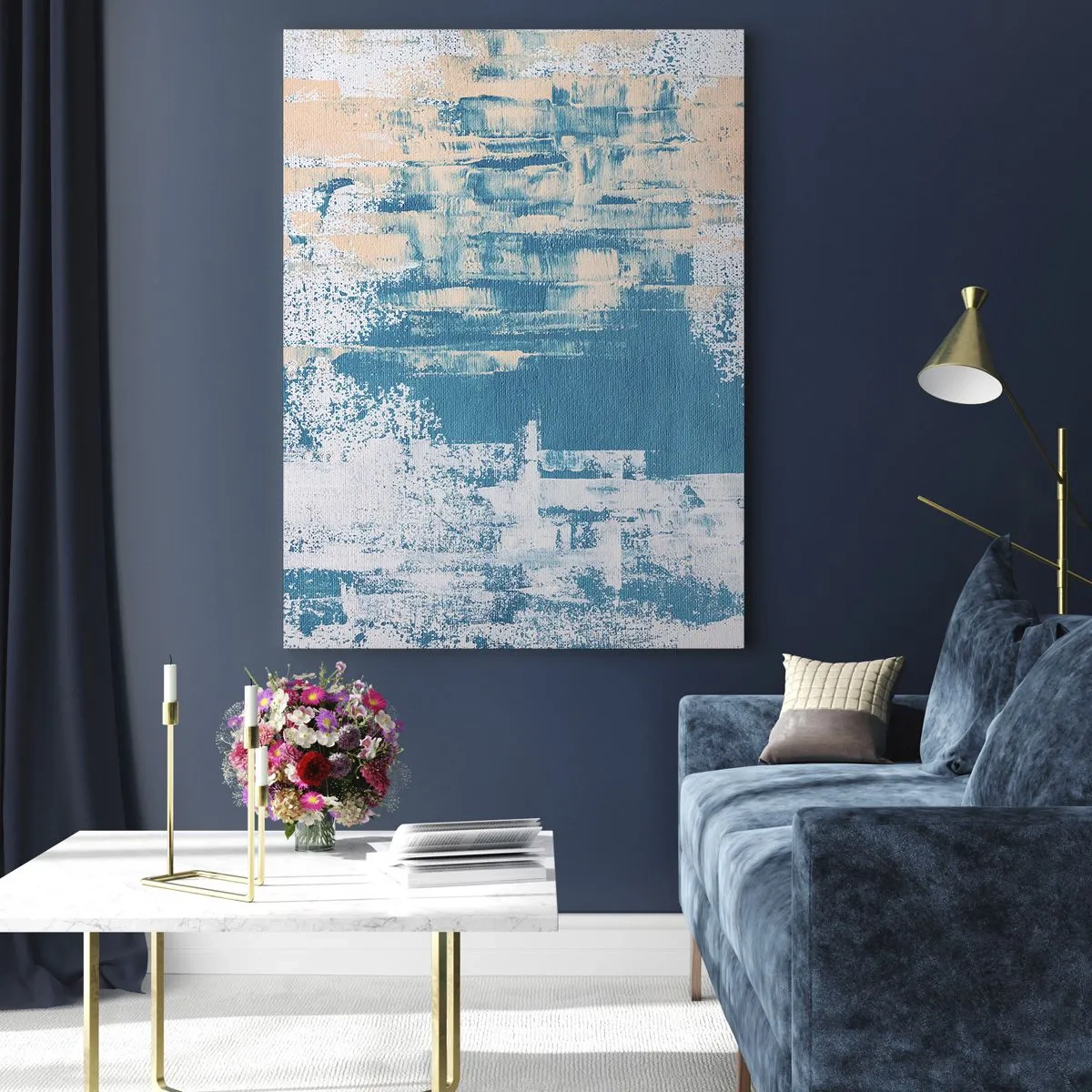 Glasbild - Bild auf glas - Abstrakte Komposition in Blau- und Weißtönen - 80x120cm - Durch einen Eiszapfen - Moderne Wanddekoration für Wohnzimmer und Schlafzimmer ARTTOR