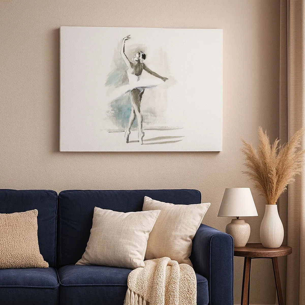 Bild auf Leinwand - Leinwandbild - Eine Balletttänzerin in einer Ballettpose vor einem Hintergrund aus zarten Aquarelltönen. - 70x50cm - In einen Schwan verzaubert - Moderne Wanddekoration für Wohnzimmer und Schlafzimmer ARTTOR