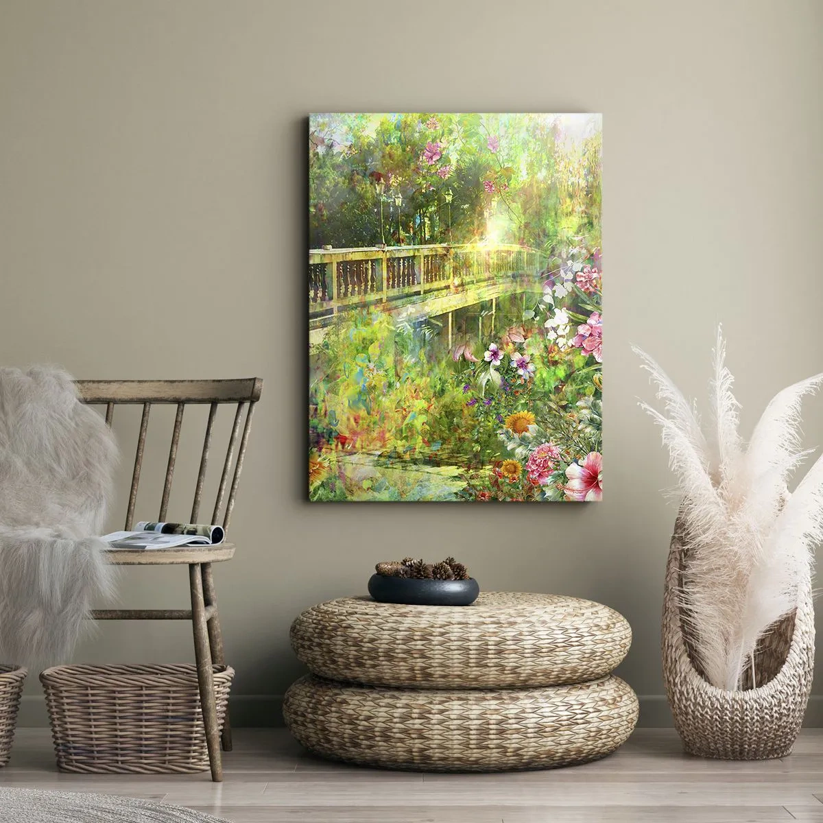 Bild auf Leinwand - Leinwandbild - Eine Brücke umgeben von üppiger Vegetation und Blumen - 50x70cm - Eine Brücke aus Frühlingsseufzern - Moderne Wanddekoration für Wohnzimmer und Schlafzimmer ARTTOR