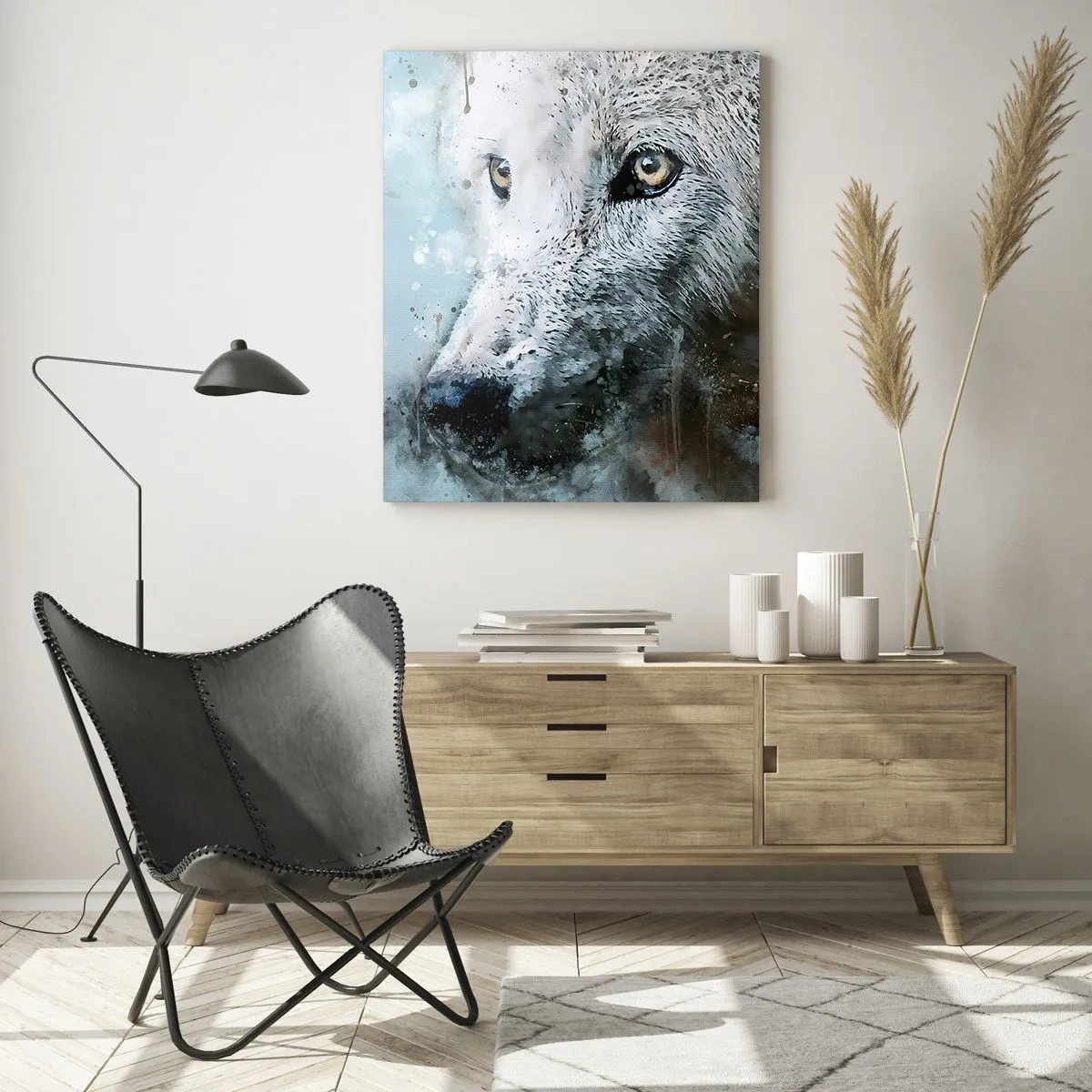Glasbild - Bild auf glas - Wolfsportrait mit kunstvollen, unscharfen Akzenten in Blautönen - 50x70cm - Lerne die Wolfsseele kennen - Moderne Wanddekoration für Wohnzimmer und Schlafzimmer ARTTOR