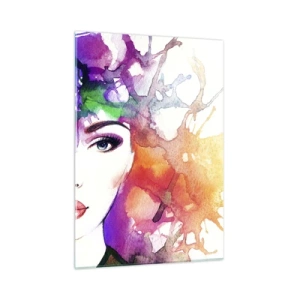 Glasbild - Bild auf glas - Eine Frau mit unscharfem, buntem Hintergrund im Aquarellstil - 50x70cm - Mit dem Kopf in den Wolken - Moderne Wanddekoration für Wohnzimmer und Schlafzimmer ARTTOR