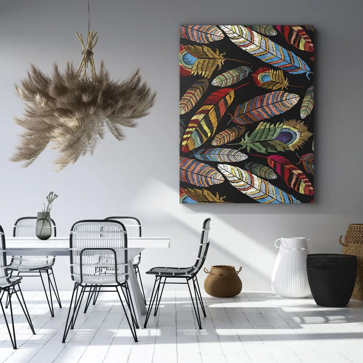 Bild auf Leinwand - Leinwandbild - Bunte Federn auf schwarzem Hintergrund - 70x100cm - Der Vogelkarneval - Moderne Wanddekoration für Wohnzimmer und Schlafzimmer ARTTOR