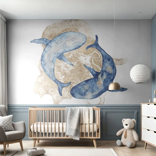 Fototapete Premium Sand - Zwei Wale im Aquarellstil auf hellem Hintergrund - 100x70cm - Freundschaft oder Liebe? - Moderne Wanddekoration für Wohnzimmer und Schlafzimmer ARTTOR