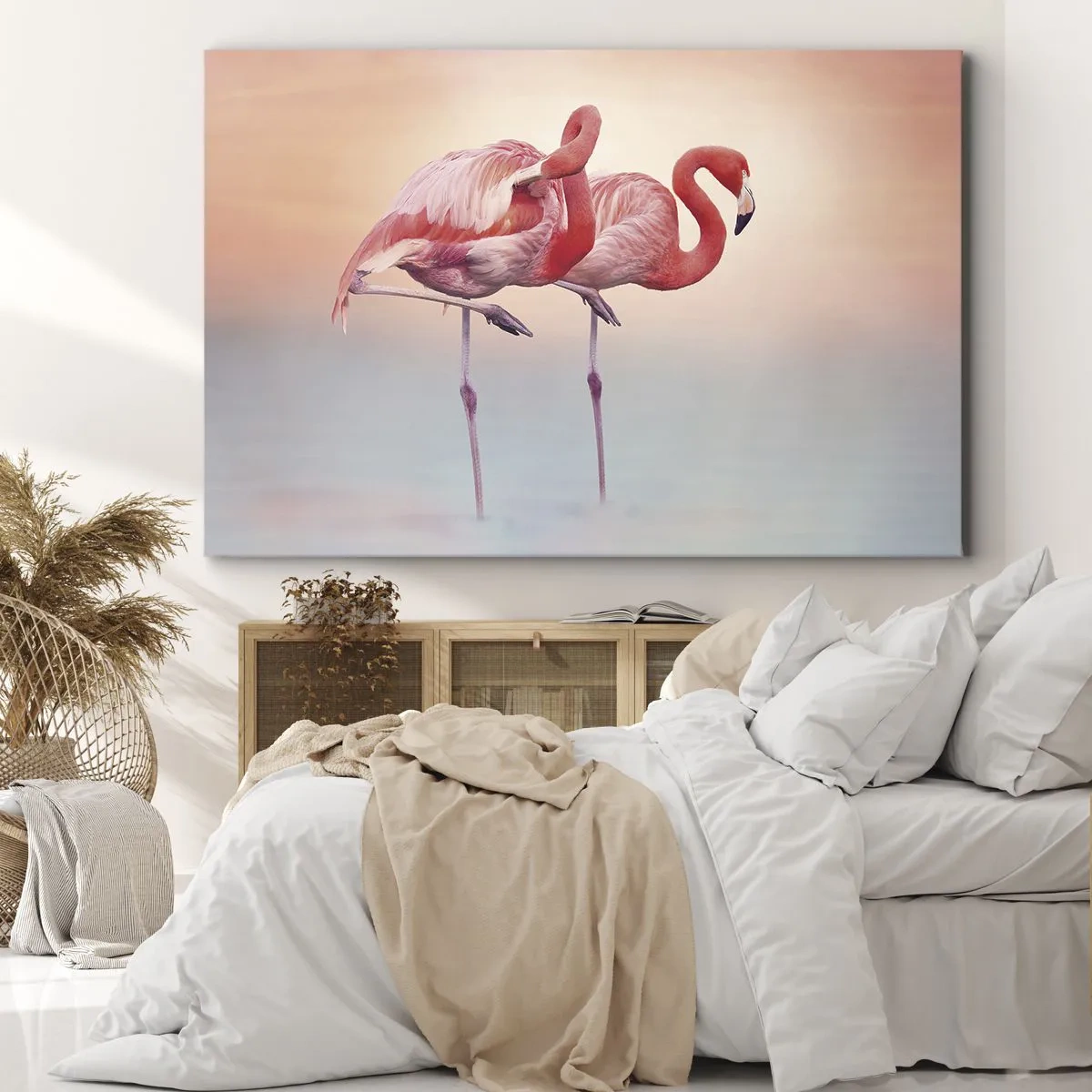Bild auf Leinwand - Leinwandbild - Flamingos in zarten Pastellfarben auf Wasserhintergrund - 120x80cm - Die Farbe der untergehenden Sonne - Moderne Wanddekoration für Wohnzimmer und Schlafzimmer ARTTOR