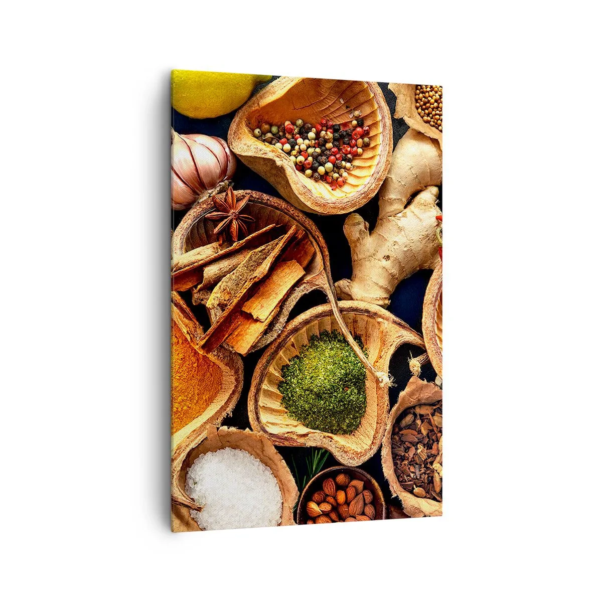 Bild auf Leinwand - Leinwandbild - Schalen mit Gewürzen in verschiedenen Farben - 80x120cm - Nimm was du willst - Moderne Wanddekoration für Wohnzimmer und Schlafzimmer ARTTOR