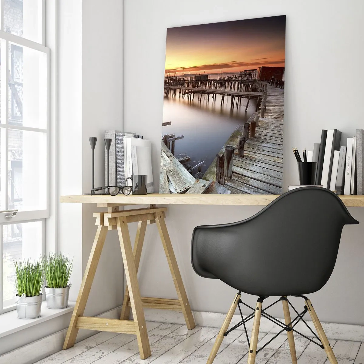 Glasbild - Bild auf glas - Holzstege bei Sonnenuntergang über einem ruhigen See - 50x70cm - Authentisch, keine Touristenattrappe - Moderne Wanddekoration für Wohnzimmer und Schlafzimmer ARTTOR