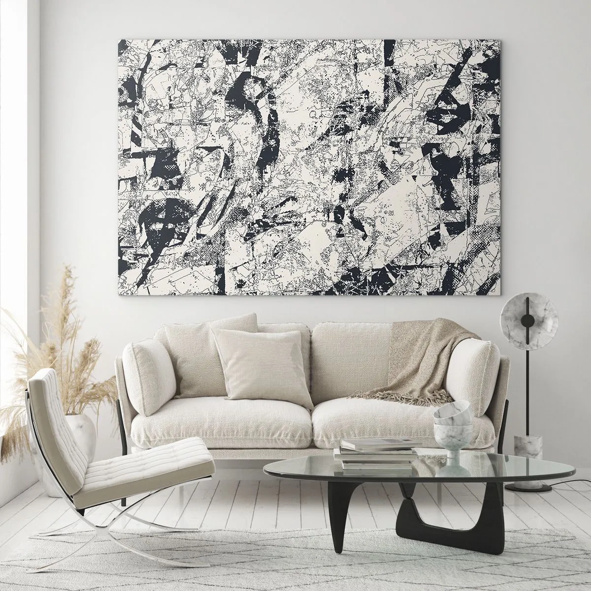 Glasbild - Bild auf glas - Schwarz-Weiß-Abstraktion mit dynamischen Linien und Texturen - 70x50cm - Durchdringung der Gegensätze - Moderne Wanddekoration für Wohnzimmer und Schlafzimmer ARTTOR