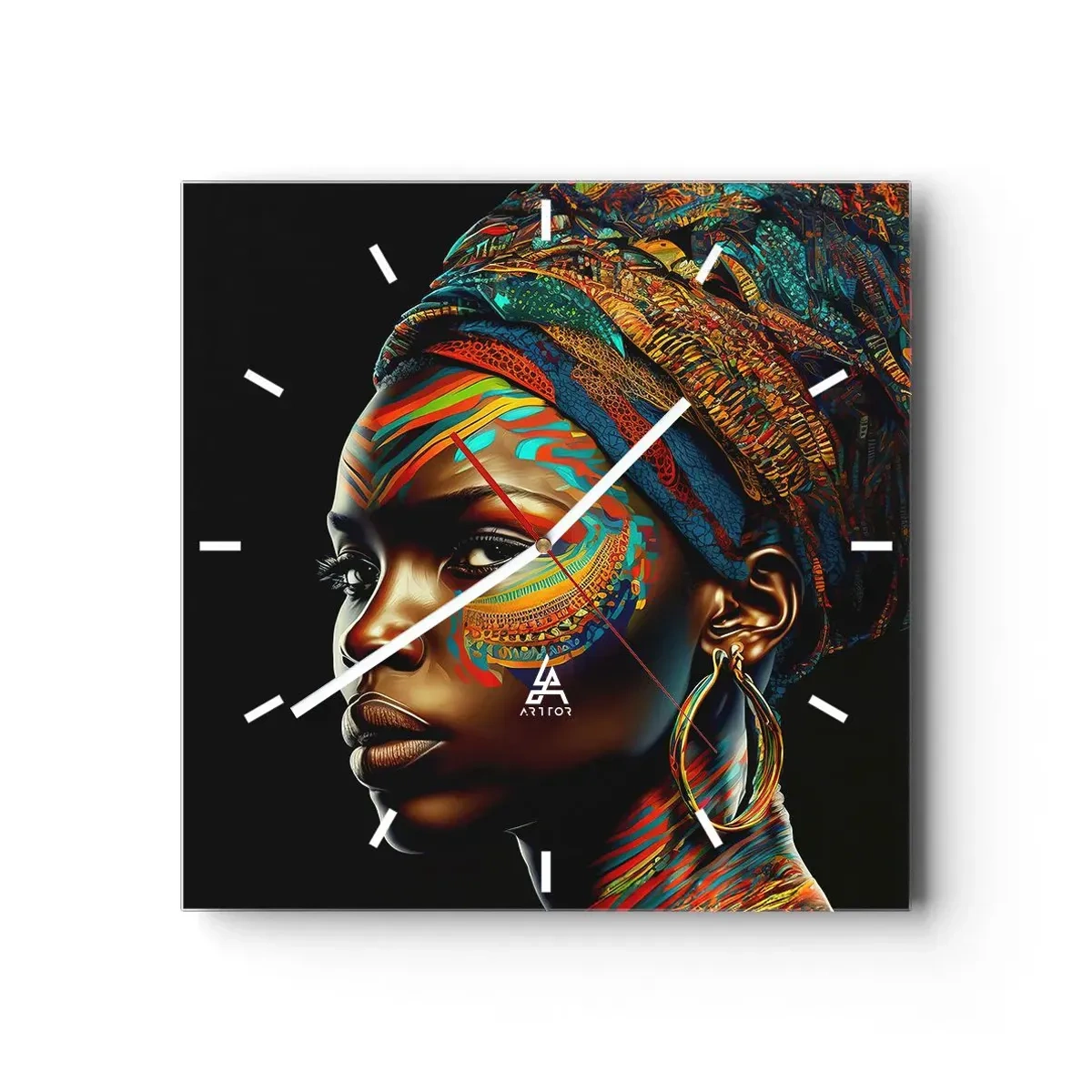 Wanduhr - Glasuhr - Porträt einer Frau mit buntem Muster und Turban - 30x30cm - Afrikanische Königin - Moderne Wanddekoration für Wohnzimmer und Schlafzimmer ARTTOR