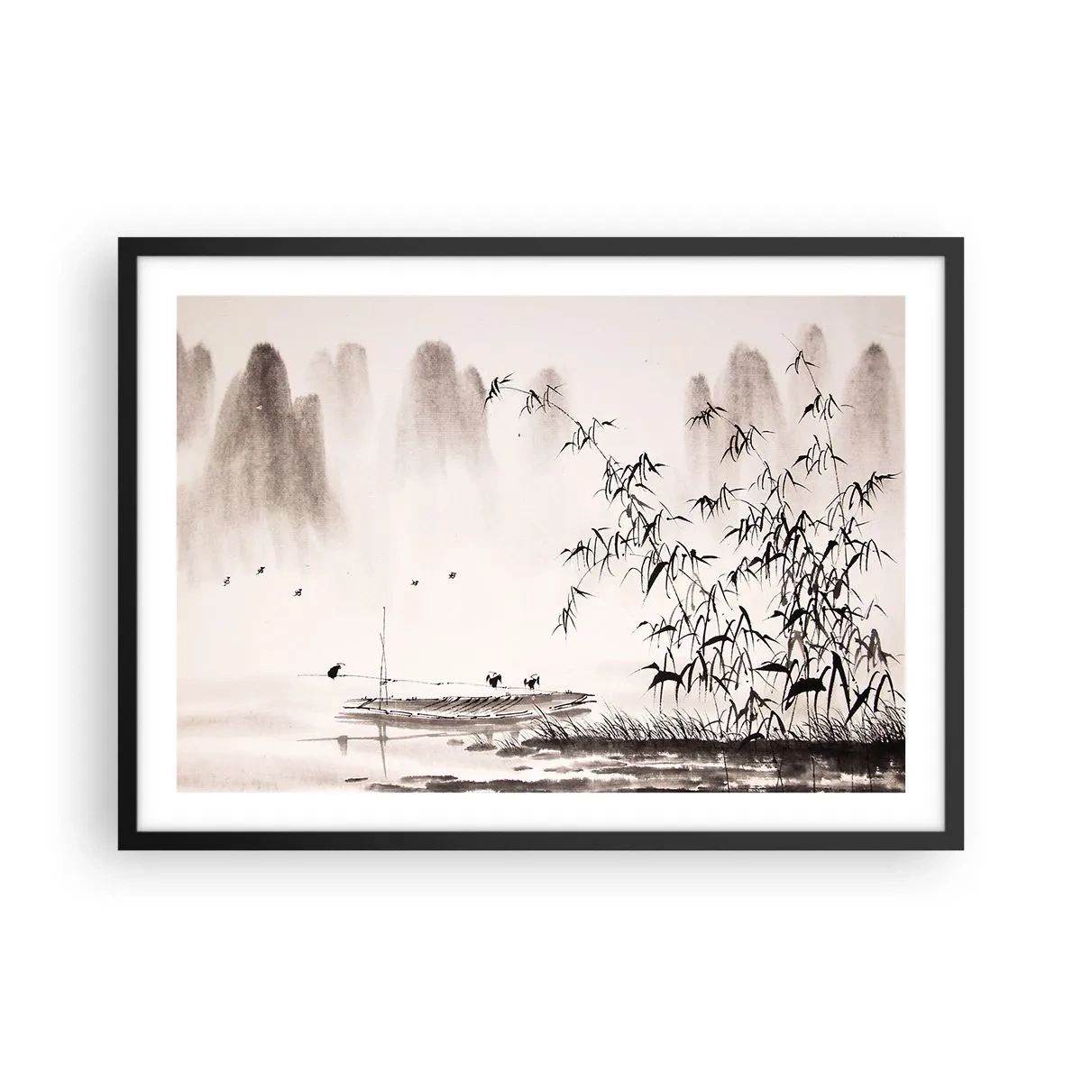 Poster in einem schwarzem Rahmen - Eine minimalistische Landschaft im orientalischen Stil - 70x50cm - Die Stille der Reisfelder - Moderne Wanddekoration für Wohnzimmer und Schlafzimmer ARTTOR