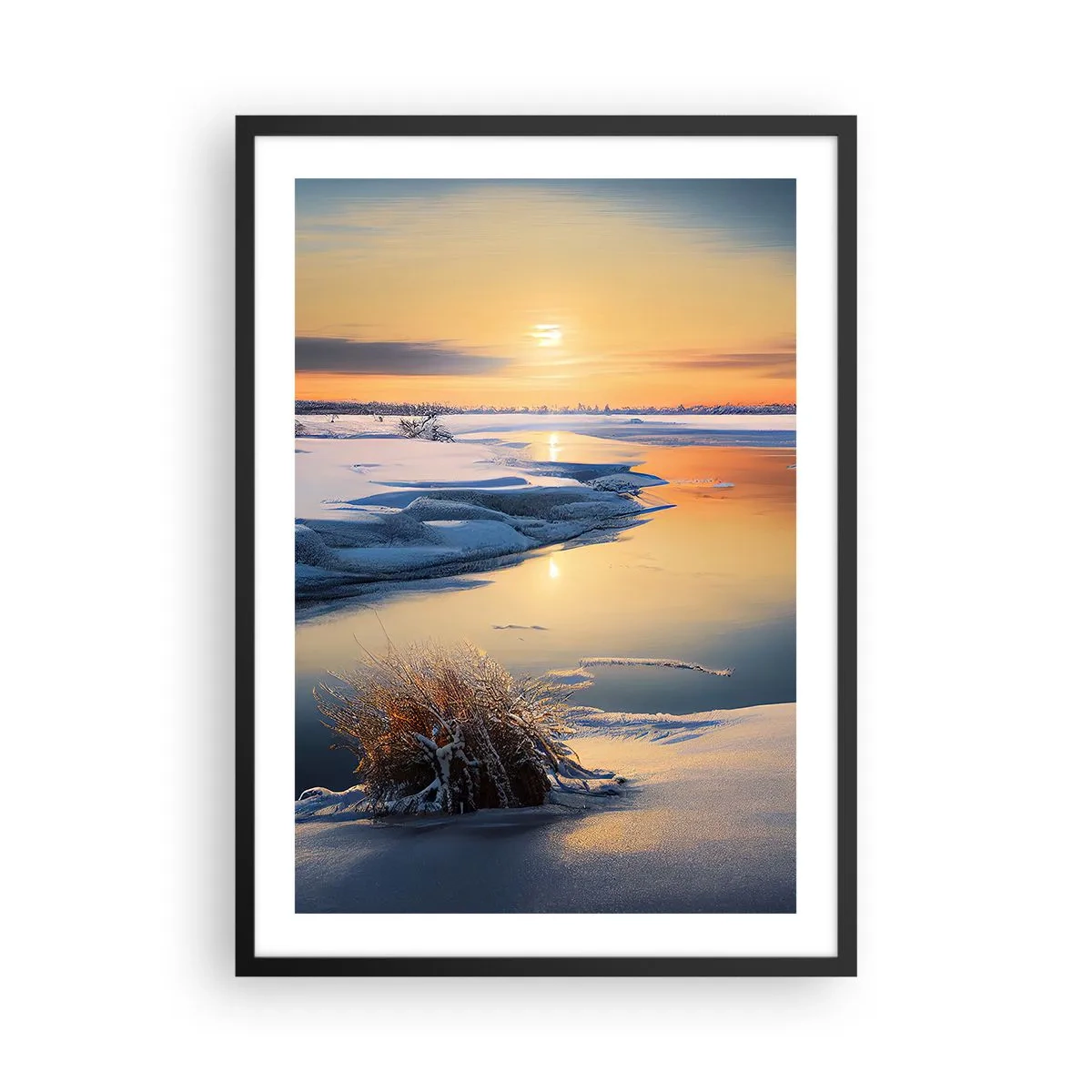 Poster in einem schwarzem Rahmen - Winterlandschaft mit einem Fluss bei Sonnenuntergang - 50x70cm - Wintersonnenuntergang - Moderne Wanddekoration für Wohnzimmer und Schlafzimmer ARTTOR