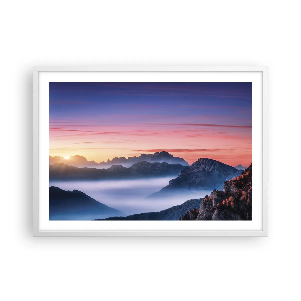 Poster in einem weißen Rahmen - Über die Täler - 70x50 cm