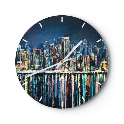 Wanduhr - Glasuhr - Nachtpanorama der Stadt mit Lichtreflexionen auf dem Wasser - 30x30cm - Kaskade von Lichtern - Moderne Wanddekoration für Wohnzimmer, Küche und Schlafzimmer ARTTOR