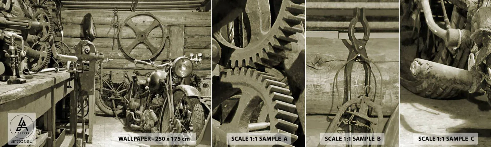 Fototapetenmuster Standard Eco - Im Schuppen von Onkel Władek - Motorrad, Autowerkstatt, Jahrgang - 100x30 cm