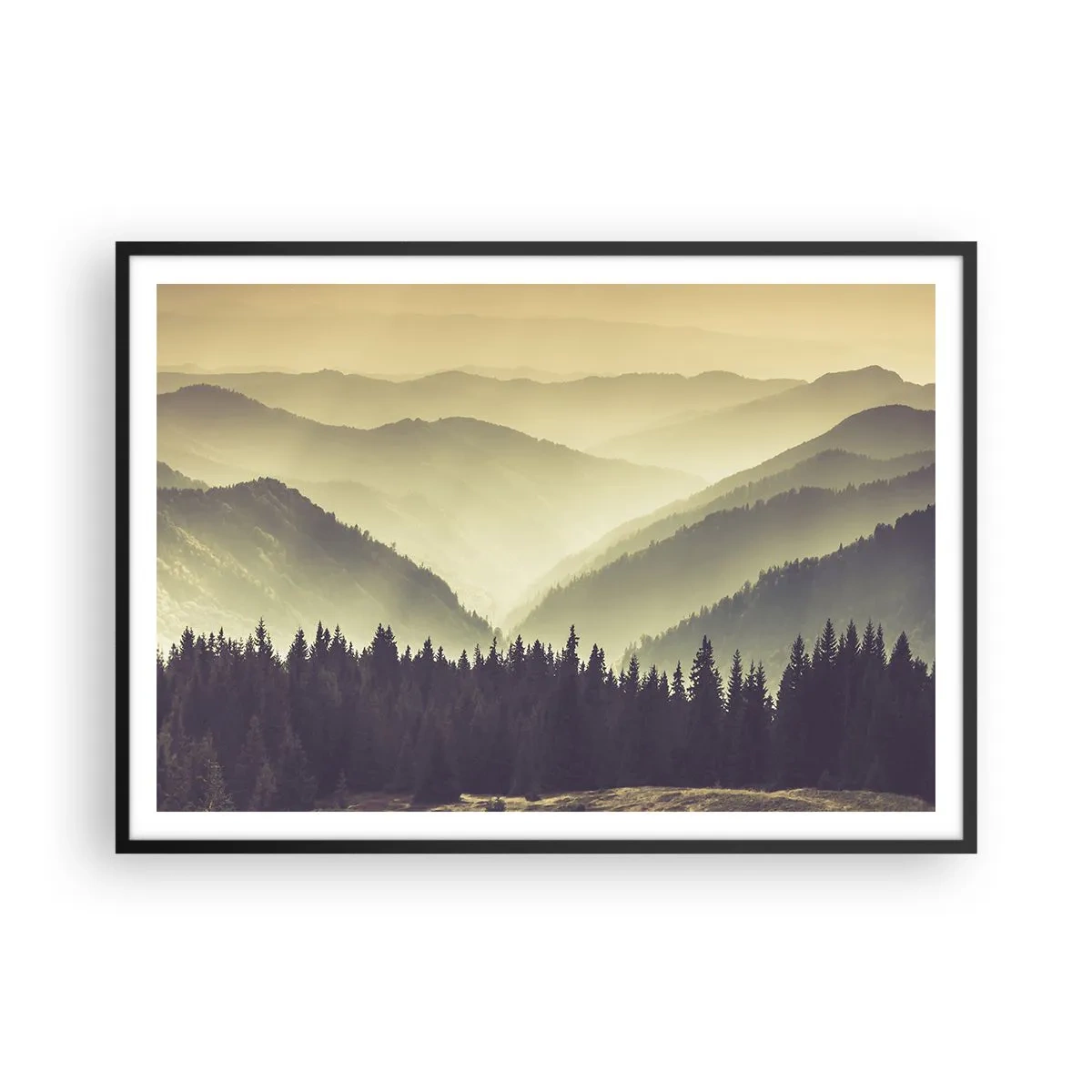 Poster in einem schwarzem Rahmen - Malerische Bergketten im Nebel in warmem Licht - 100x70cm - Hinter den sieben Bergen ... - Moderne Wanddekoration für Wohnzimmer und Schlafzimmer ARTTOR