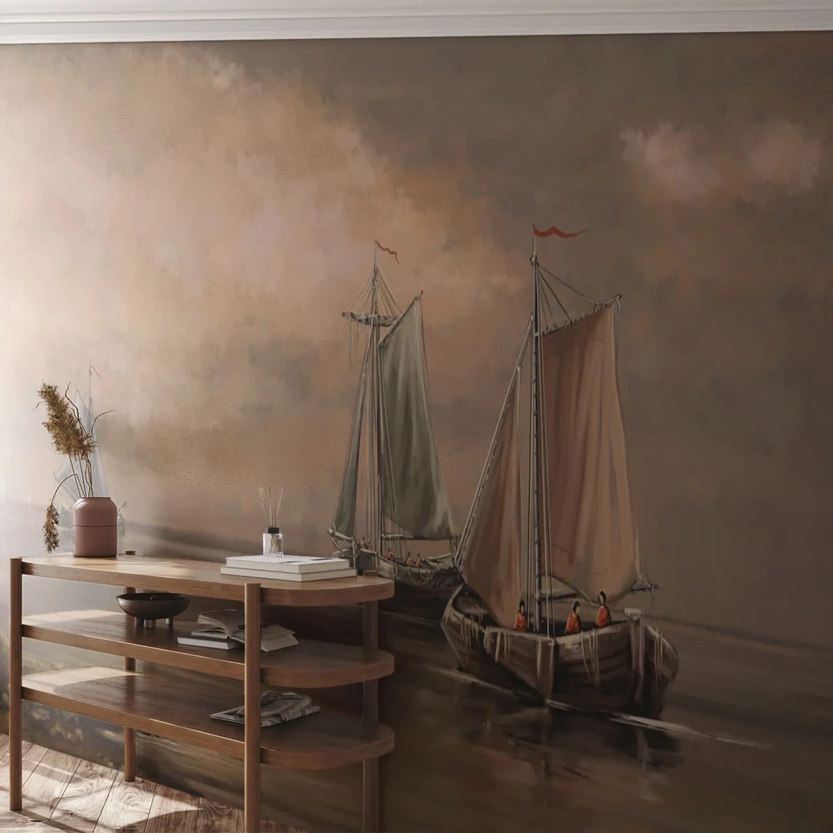 Fototapete Premium Sand - Traditionelle Segelschiffe auf ruhiger See - 100x70cm - Die Rückkehr der Matrosen - Moderne Wanddekoration für Wohnzimmer und Schlafzimmer ARTTOR