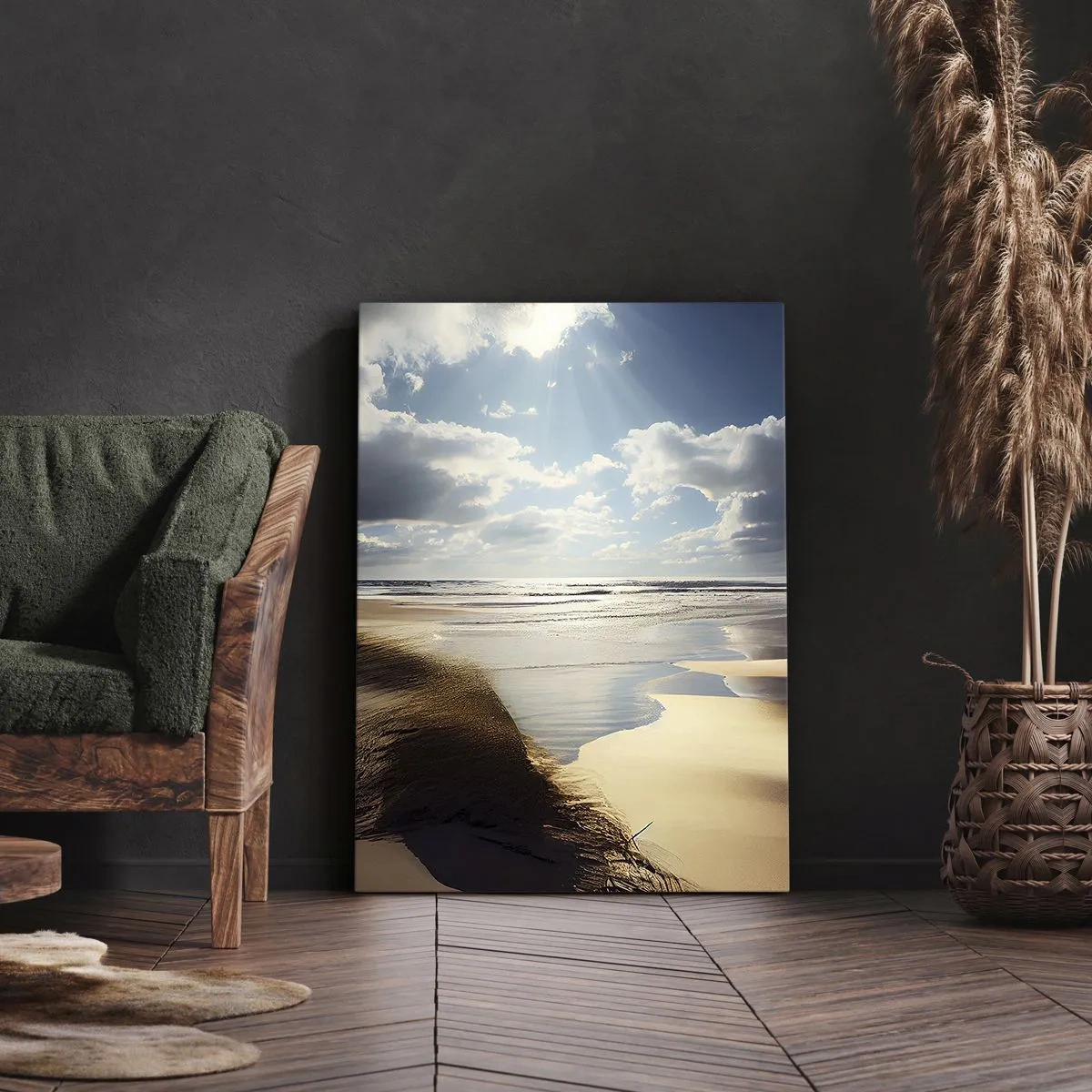 Bild auf Leinwand - Leinwandbild - Ein wilder Strand mit Dünen und blauem Himmel - 50x70cm - Strand, wilder Strand - Moderne Wanddekoration für Wohnzimmer und Schlafzimmer ARTTOR