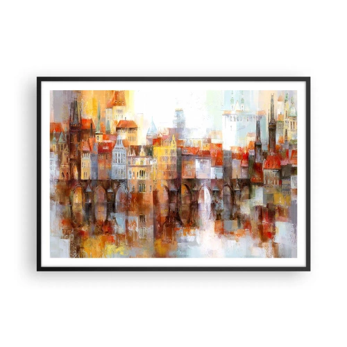 Poster in einem schwarzem Rahmen - Ein malerisches Panorama der Stadt mit einer Brücke in Herbstfarben - 100x70cm - Schön ist es auch unter der Brücke - Moderne Wanddekoration für Wohnzimmer und Schlafzimmer ARTTOR