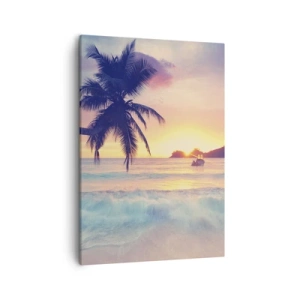 Bild auf Leinwand - Leinwandbild - Strand mit Palmen und Sonnenuntergang über dem Meer - 50x70cm - Ein Abend in der Bucht - Moderne Wanddekoration für Wohnzimmer und Schlafzimmer ARTTOR