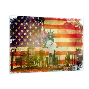 Glasbild - Bild auf glas - US-Flagge mit Silhouette der Freiheitsstatue und Stadtbild - 120x80cm - Viva Amerika! - Moderne Wanddekoration für Wohnzimmer und Schlafzimmer ARTTOR