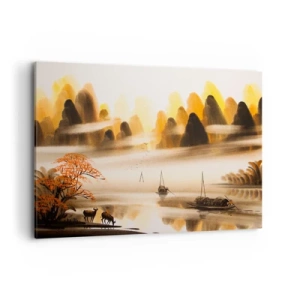 Bild auf Leinwand - Leinwandbild - Eine orientalische Landschaft mit Fluss, Bergen und sanftem Nebel. - 120x80cm - Weiter als im Fernosten - Moderne Wanddekoration für Wohnzimmer und Schlafzimmer ARTTOR