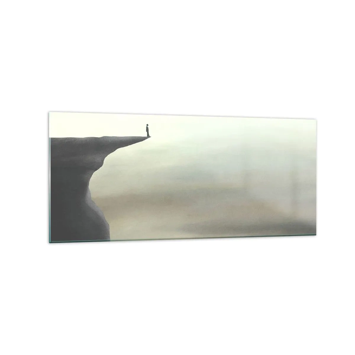 Glasbild - Bild auf glas - Silhouette einer Figur am Rand einer Klippe in einer nebligen Landschaft - 120x50cm - Nach oben, natürlich! - Moderne Wanddekoration für Wohnzimmer und Schlafzimmer ARTTOR