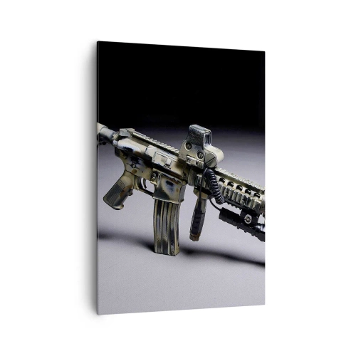 Bild auf Leinwand - Leinwandbild - Moderne Waffe in Tarnfarbe auf dunklem Hintergrund - 70x100cm - Immer bedrohlich - Moderne Wanddekoration für Wohnzimmer und Schlafzimmer ARTTOR