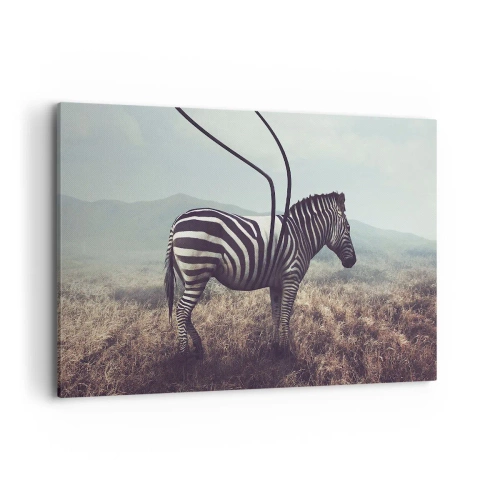 Bild auf Leinwand - Leinwandbild - Ein surreales Zebra vor einer grasbewachsenen Landschaft - 120x80cm - Achtung! Fehler - Moderne Wanddekoration für Wohnzimmer und Schlafzimmer ARTTOR