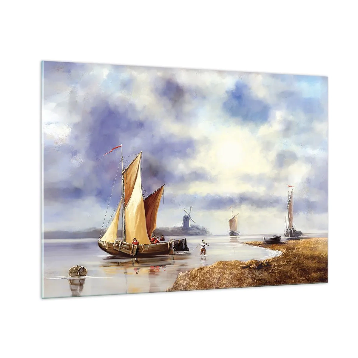 Glasbild - Bild auf glas - Segelboote auf einem ruhigen See mit Windmühlen im Hintergrund - 100x70cm - Die Rückkehr der Seeleute - Moderne Wanddekoration für Wohnzimmer und Schlafzimmer ARTTOR