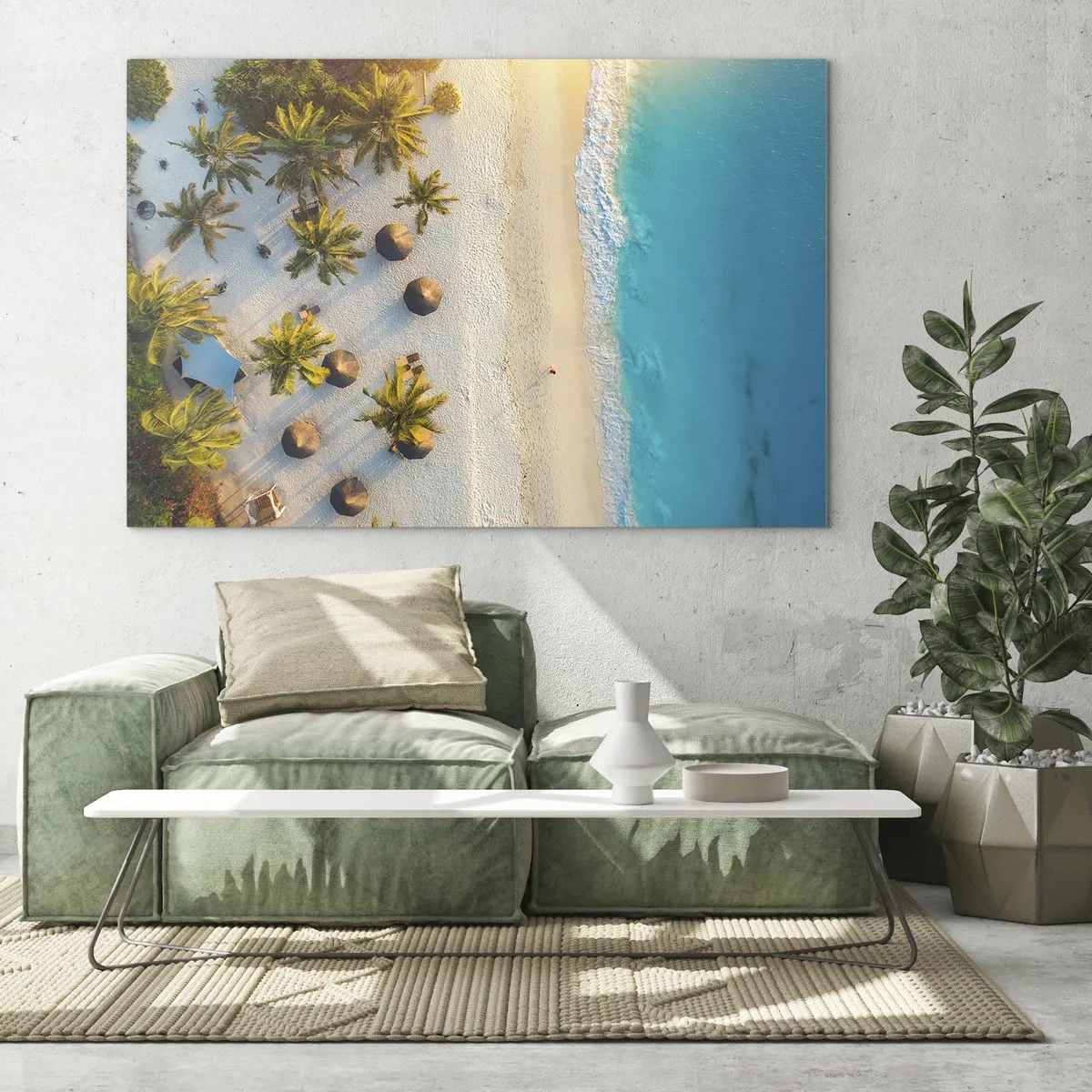 Glasbild - Bild auf glas - Luftaufnahme eines tropischen Strandes mit Palmen und Sonnenschirmen - 70x50cm - Willkommen im Paradies - Moderne Wanddekoration für Wohnzimmer und Schlafzimmer ARTTOR