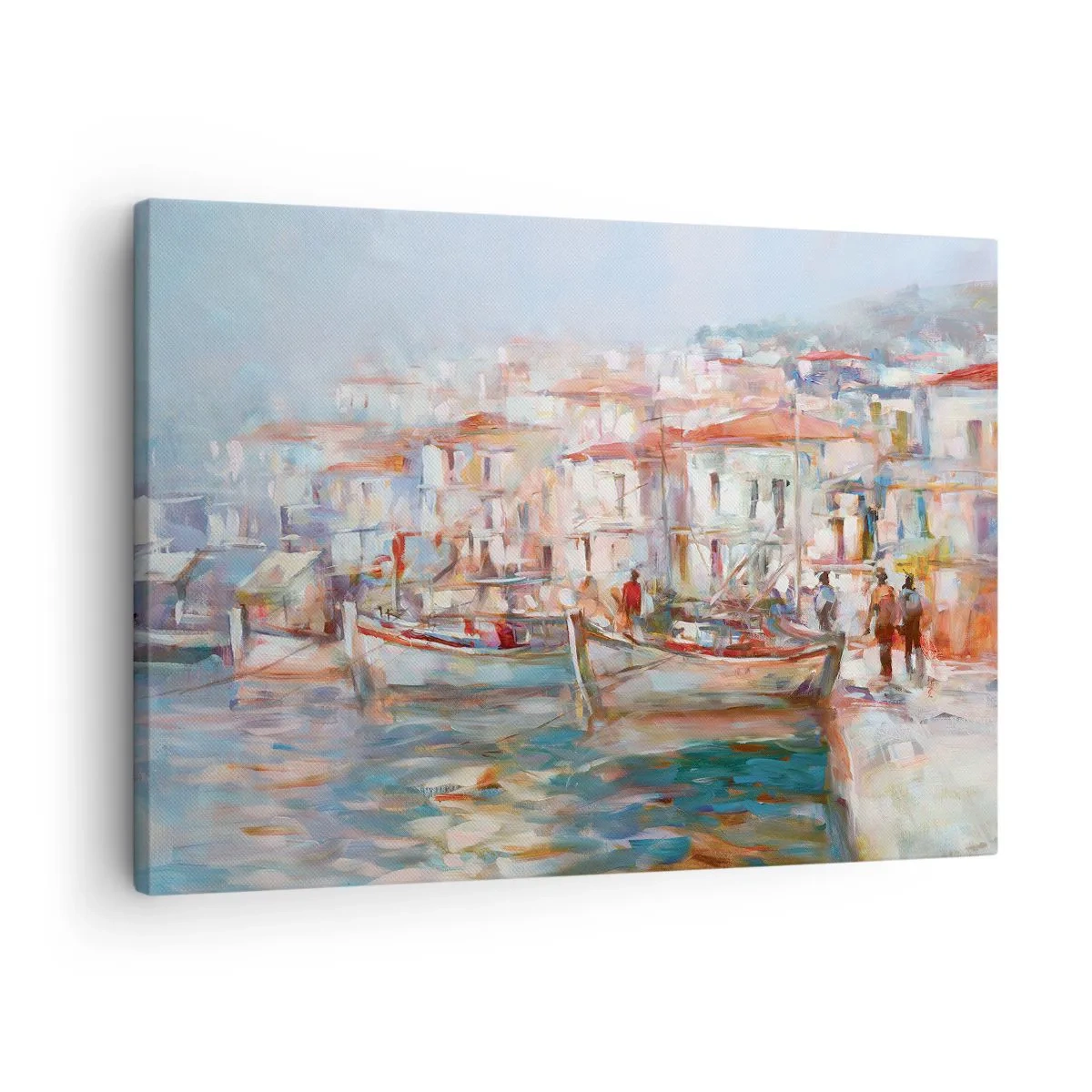 Bild auf Leinwand - Leinwandbild - Hafenimpression mit Booten und Gebäuden - 70x50cm - Pastell-Sommerferien - Moderne Wanddekoration für Wohnzimmer und Schlafzimmer ARTTOR