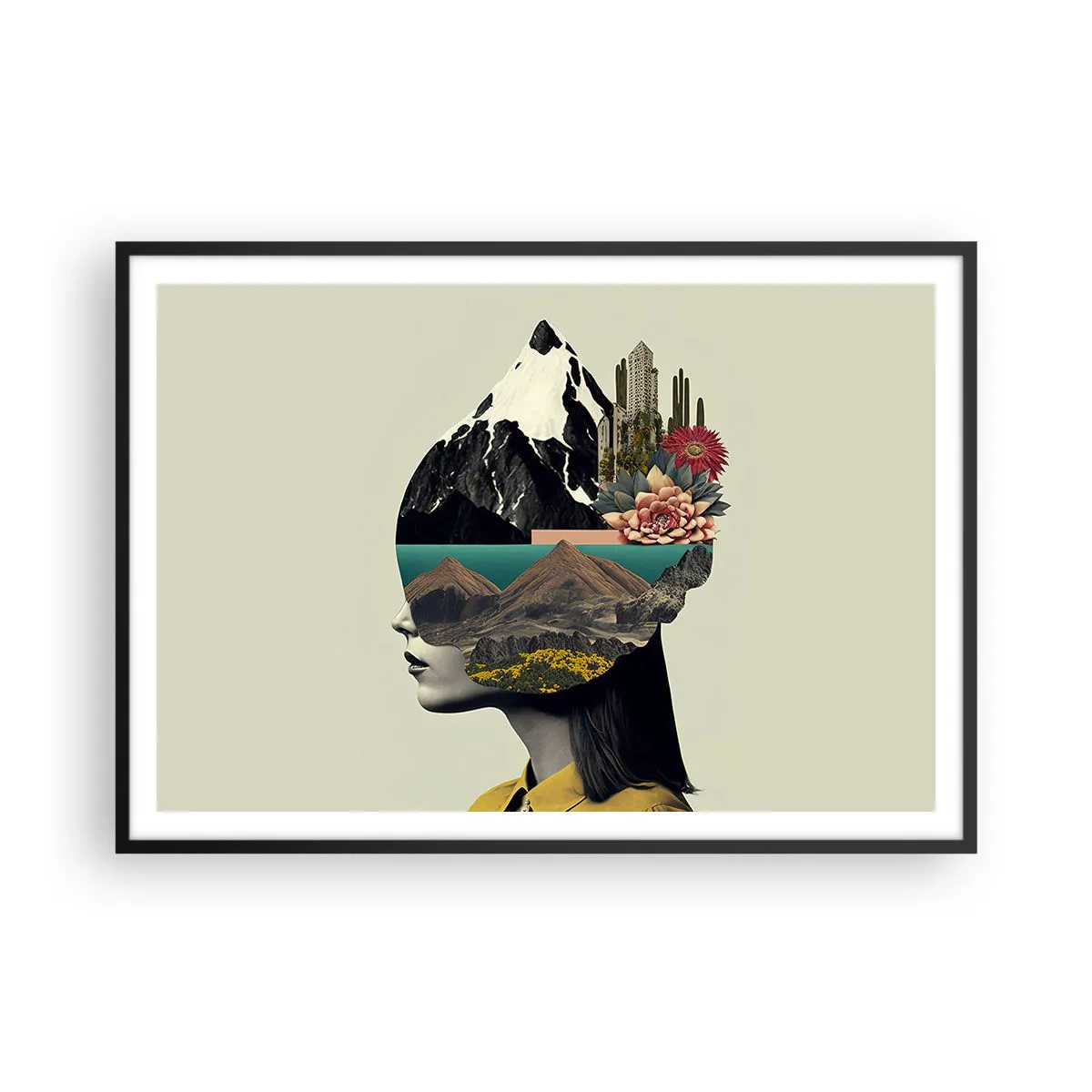 Poster in einem schwarzem Rahmen - Collage einer Frau mit Berglandschaft und Blumen - 100x70cm - Frau – bleibt immer ein Geheimnis - Moderne Wanddekoration für Wohnzimmer und Schlafzimmer ARTTOR