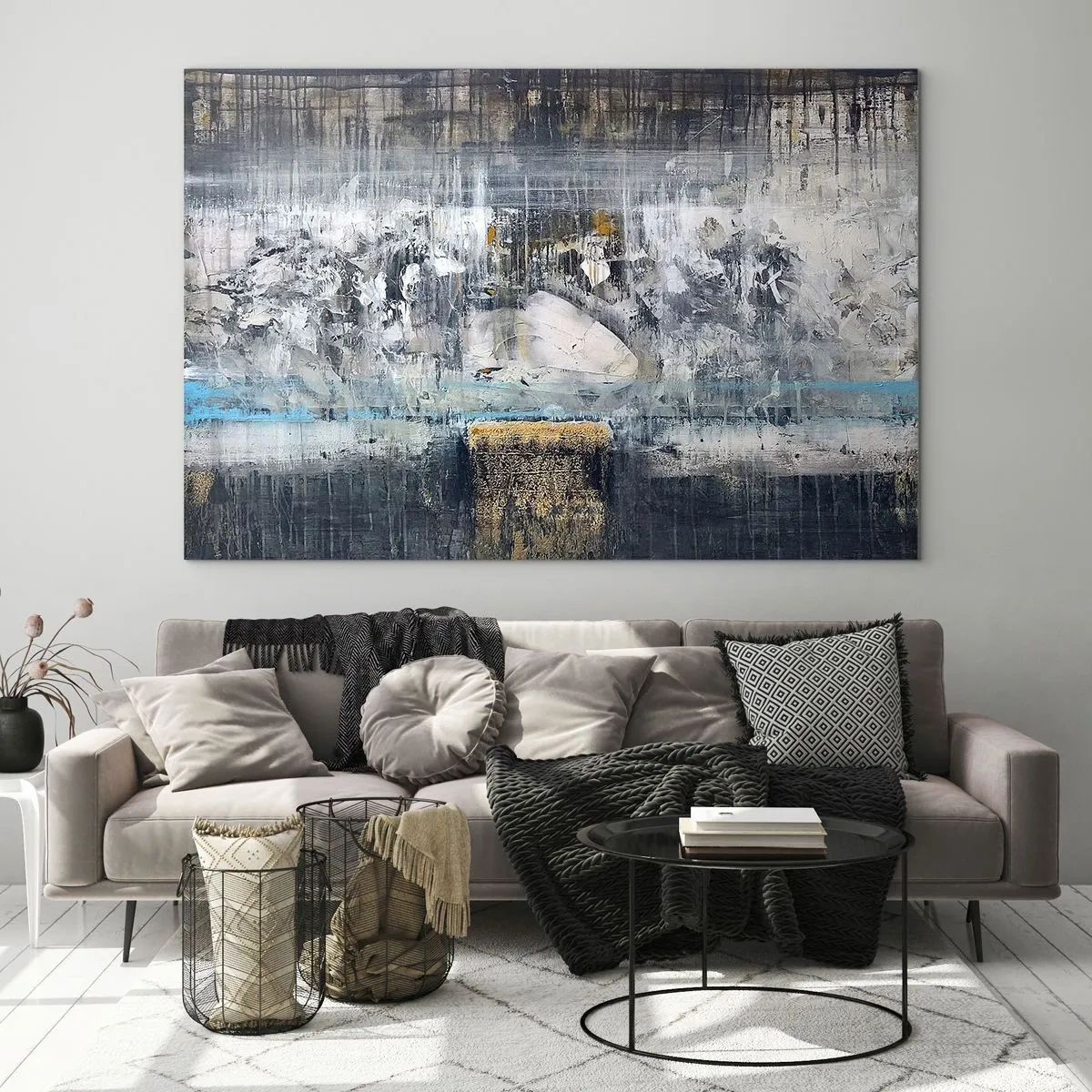 Glasbild - Bild auf glas - Eine abstrakte Landschaft, die von Grau und Blau dominiert wird. - 100x70cm - Wie auf Eis, wie nach Dezember - Moderne Wanddekoration für Wohnzimmer und Schlafzimmer ARTTOR