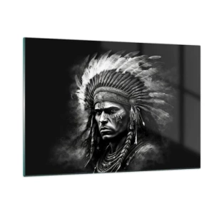 Glasbild - Bild auf glas - Schwarz-Weiß-Porträt eines Kriegers mit Federkopfschmuck - 120x80cm - Anführer und Krieger - Moderne Wanddekoration für Wohnzimmer und Schlafzimmer ARTTOR