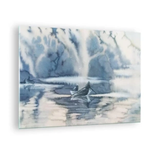 Glasbild - Bild auf glas - Zwei Fischer auf einem Boot, umgeben von einer nebligen Landschaft - 70x50cm - Angler in ihrem Paradies - Moderne Wanddekoration für Wohnzimmer und Schlafzimmer ARTTOR