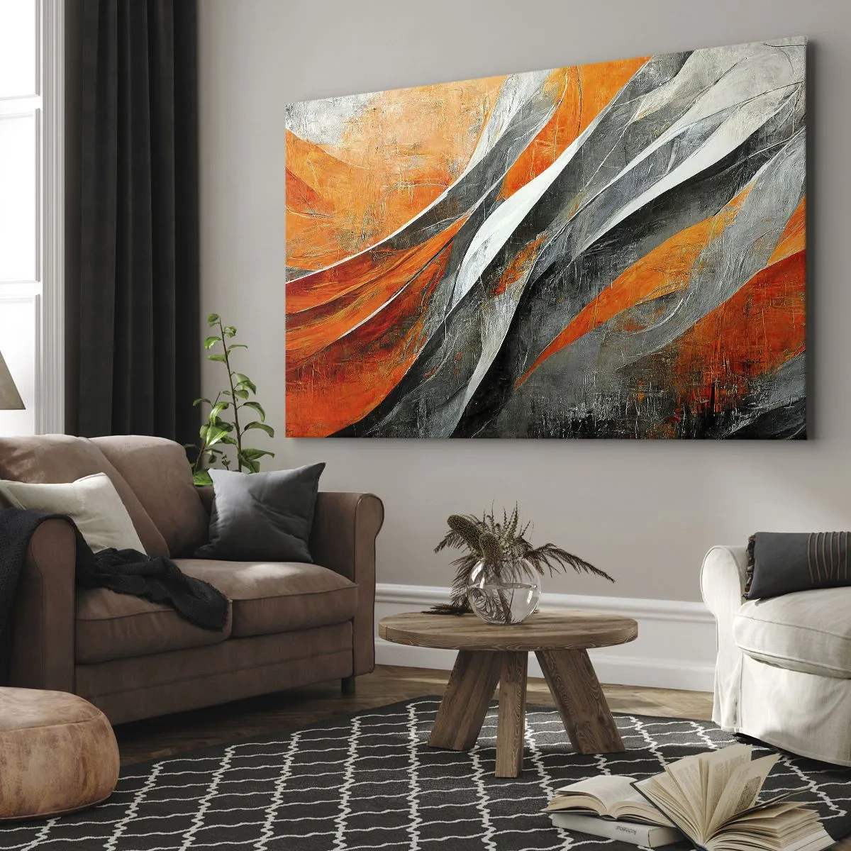 Bild auf Leinwand - Leinwandbild - Abstrakte Linien in Orange- und Grautönen - 100x70cm - Hitze und Kälte - Moderne Wanddekoration für Wohnzimmer und Schlafzimmer ARTTOR