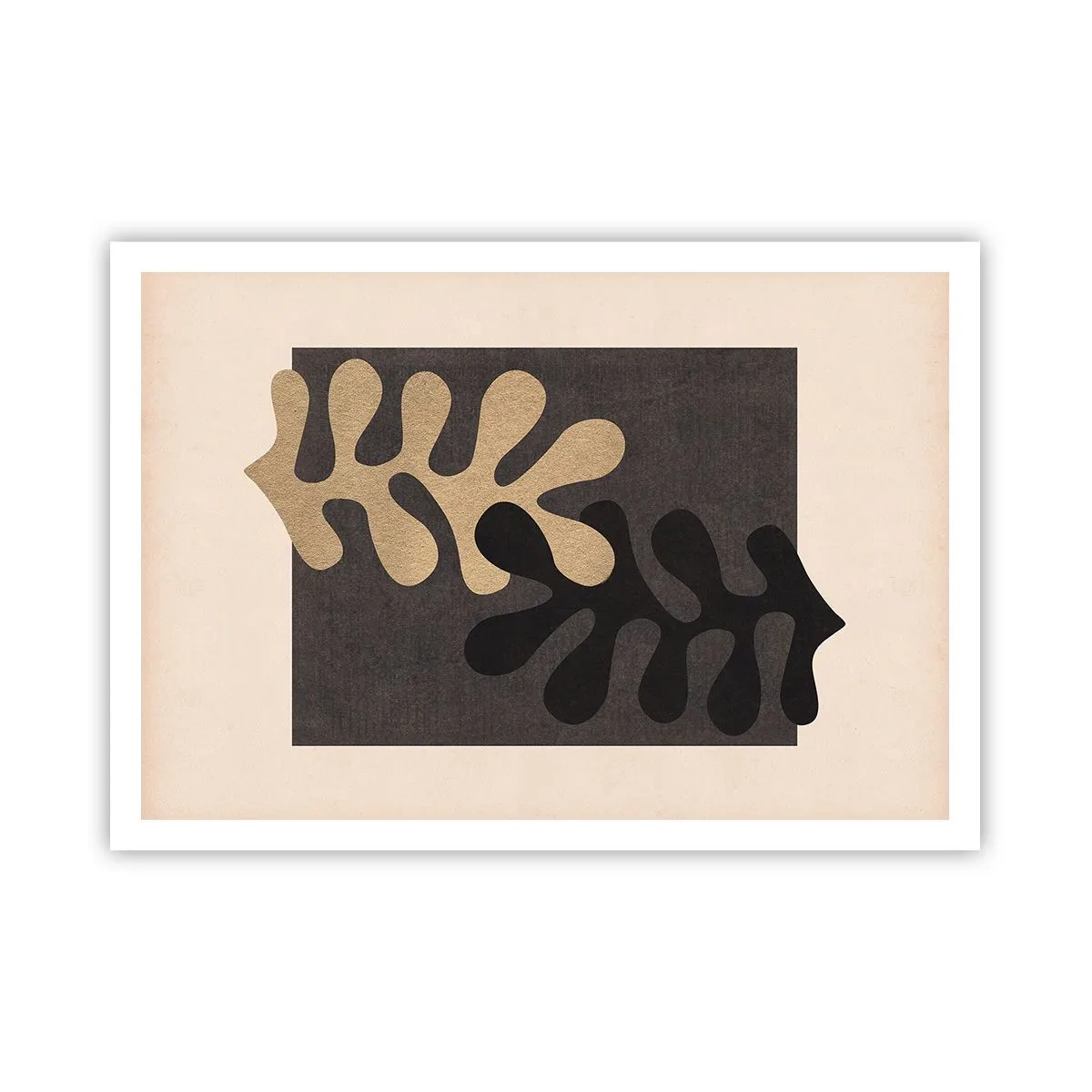 Poster - Abstrakte Blätter in Schwarz und Beige auf rechteckigem Hintergrund - 100x70cm - Abwesenheit und Ergänzung - Moderne Wanddekoration für Wohnzimmer und Schlafzimmer ARTTOR