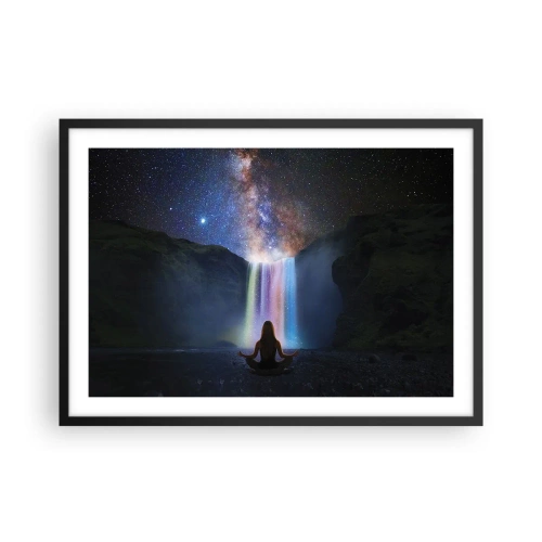 Poster in einem schwarzem Rahmen - Meditation vor einem Wasserfall inmitten der Sterne - 70x50cm - Absolute Harmonie - Moderne Wanddekoration für Wohnzimmer und Schlafzimmer ARTTOR
