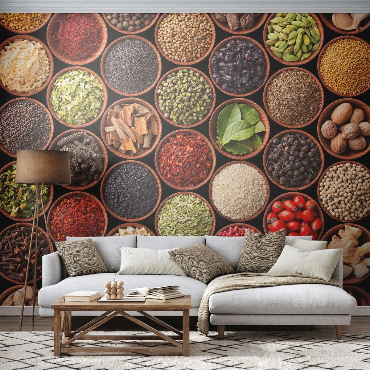 Fototapete Premium Sand - Alle Aromen der Welt - Gastronomie, Gewürze, Getrocknete Kräuter - 200x140 cm