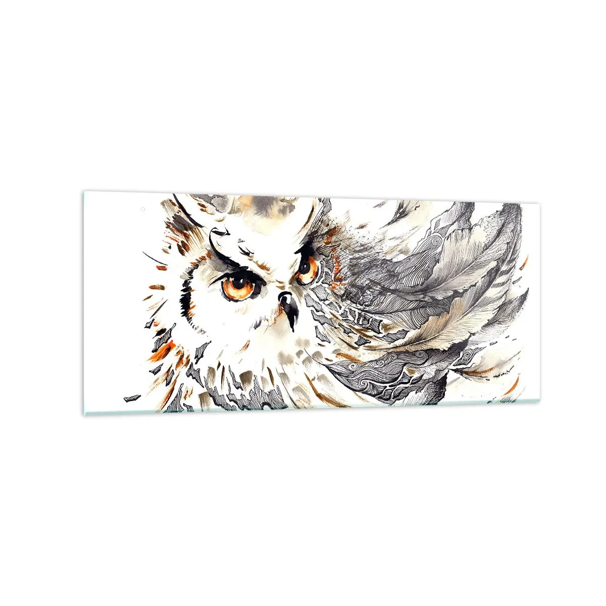 Glasbild - Bild auf glas - Eine Eule mit mystischen Federn in einer künstlerischen Aquarellform - 120x50cm - Sie kam aus der Welt der Magie - Moderne Wanddekoration für Wohnzimmer und Schlafzimmer ARTTOR