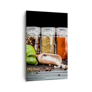 Bild auf Leinwand - Leinwandbild - Kräuter und Gewürze in Gläsern auf dunklem Hintergrund - 80x120cm - Für einen Geschmack des Lebens - Moderne Wanddekoration für Wohnzimmer und Schlafzimmer ARTTOR
