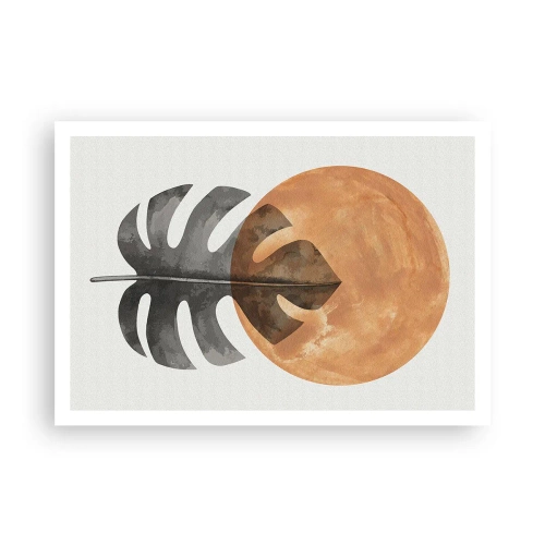 Poster - Monstera-Blatt und goldener Kreis auf hellem Hintergrund - 100x70cm - Immer die Sonne - Moderne Wanddekoration für Wohnzimmer und Schlafzimmer ARTTOR