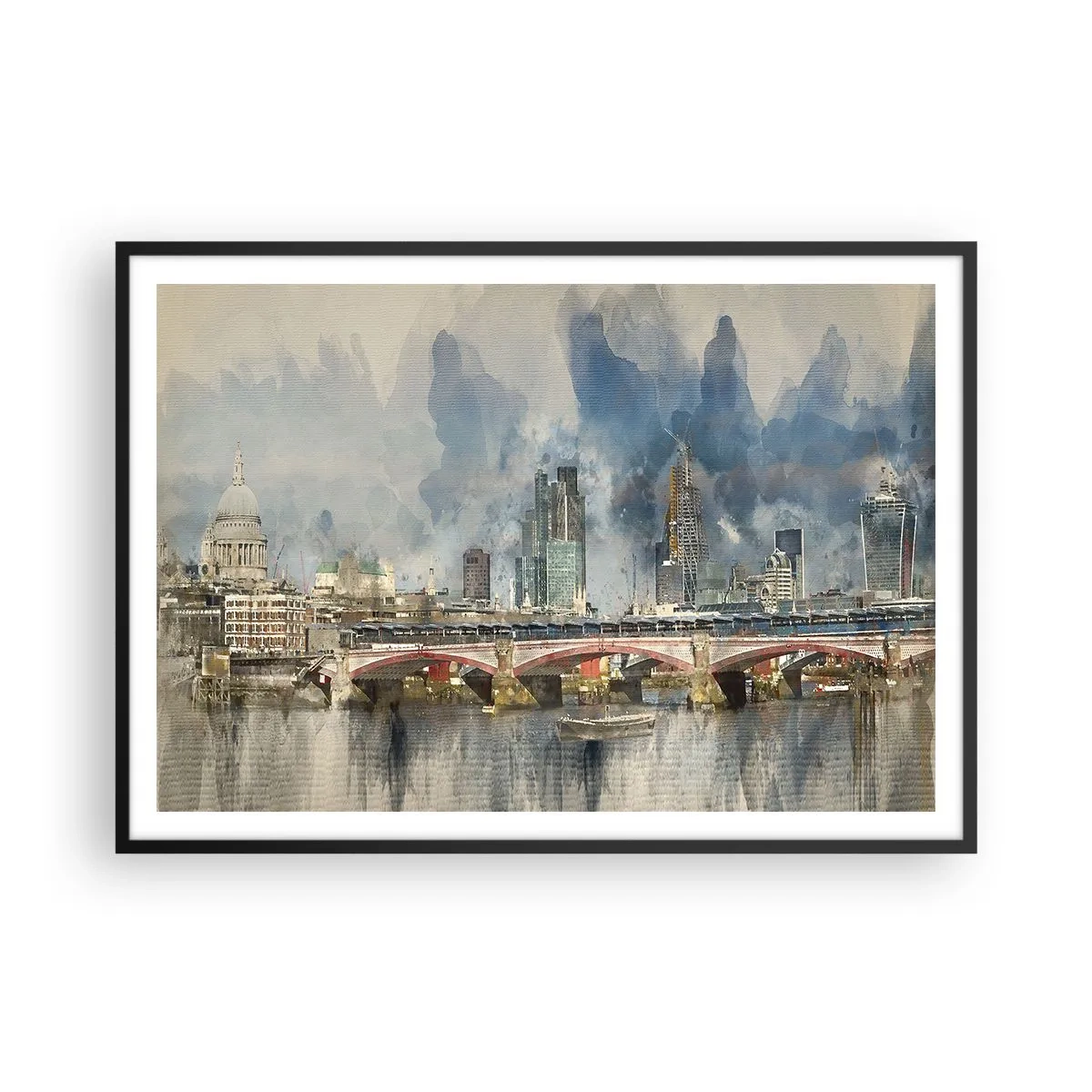 Poster in einem schwarzem Rahmen - Aquarellansicht der Brücke und der Skyline der Stadt - 100x70cm - London in seiner ganzen Pracht - Moderne Wanddekoration für Wohnzimmer und Schlafzimmer ARTTOR
