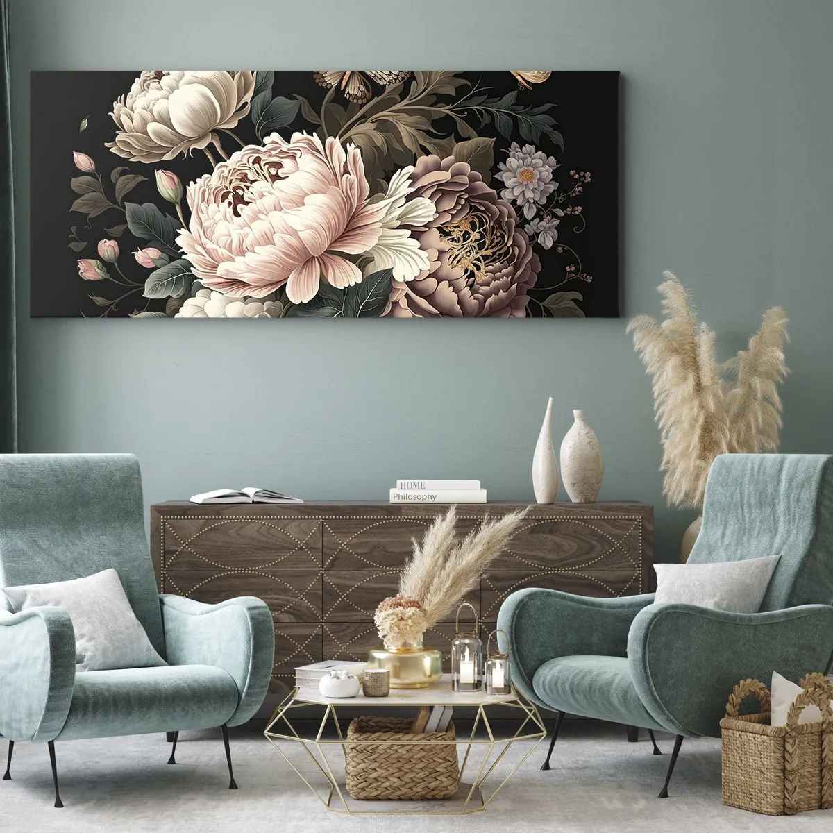 Bild auf Leinwand - Leinwandbild - Ein Strauß rosa Blumen und Schmetterlinge auf schwarzem Hintergrund - 140x50cm - Im Barockstil - Moderne Wanddekoration für Wohnzimmer und Schlafzimmer ARTTOR