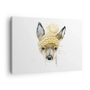 Bild auf Leinwand - Leinwandbild - Aquarell Hirsch in einer gelben Mütze - 70x50cm - Für den Winter im verschneiten Wald - Moderne Wanddekoration für Wohnzimmer und Schlafzimmer ARTTOR