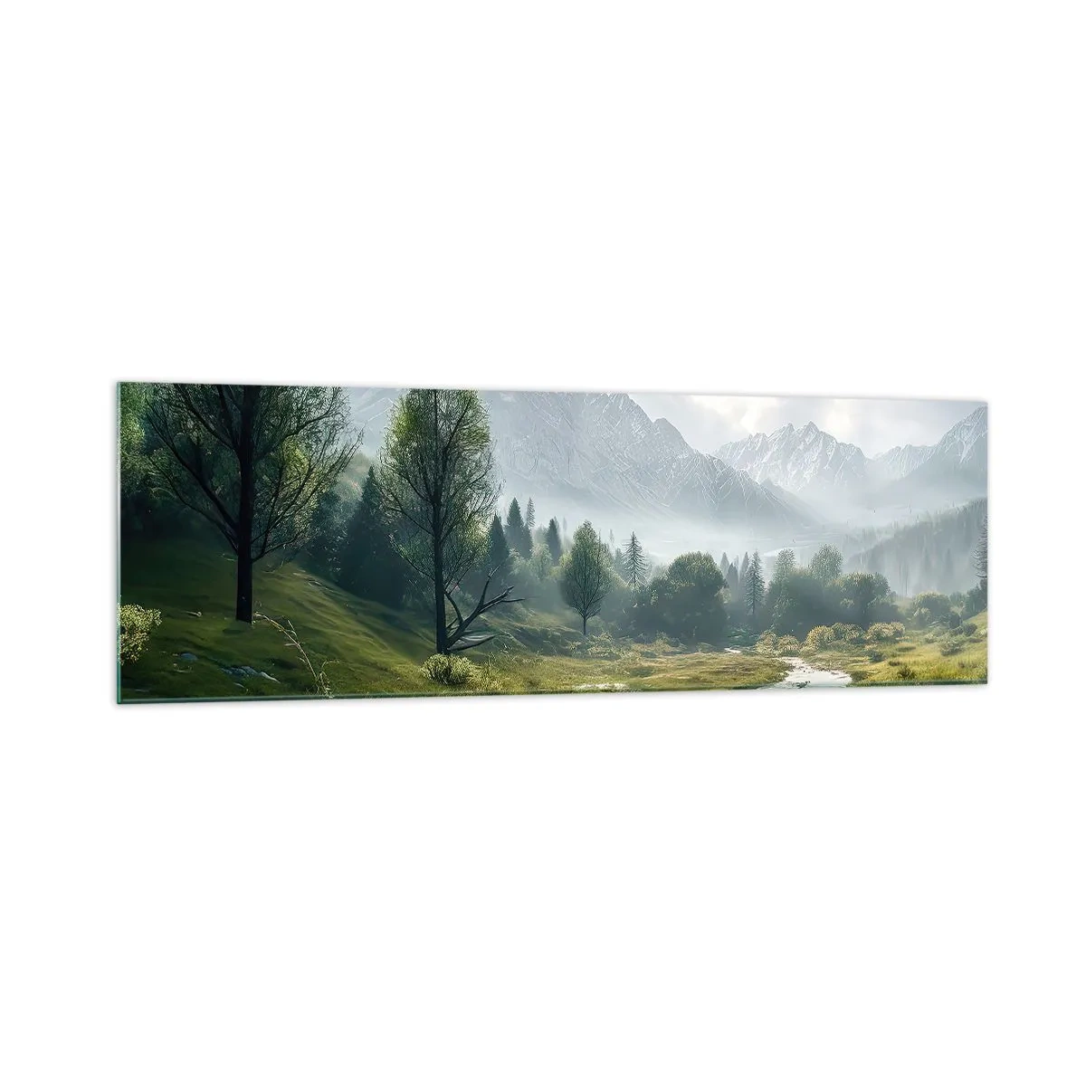 Glasbild - Bild auf glas - Eine Berglandschaft mit einem Fluss und Bäumen, umgeben von nebligen Bergen - 160x50cm - Hin und zurück - Moderne Wanddekoration für Wohnzimmer und Schlafzimmer ARTTOR