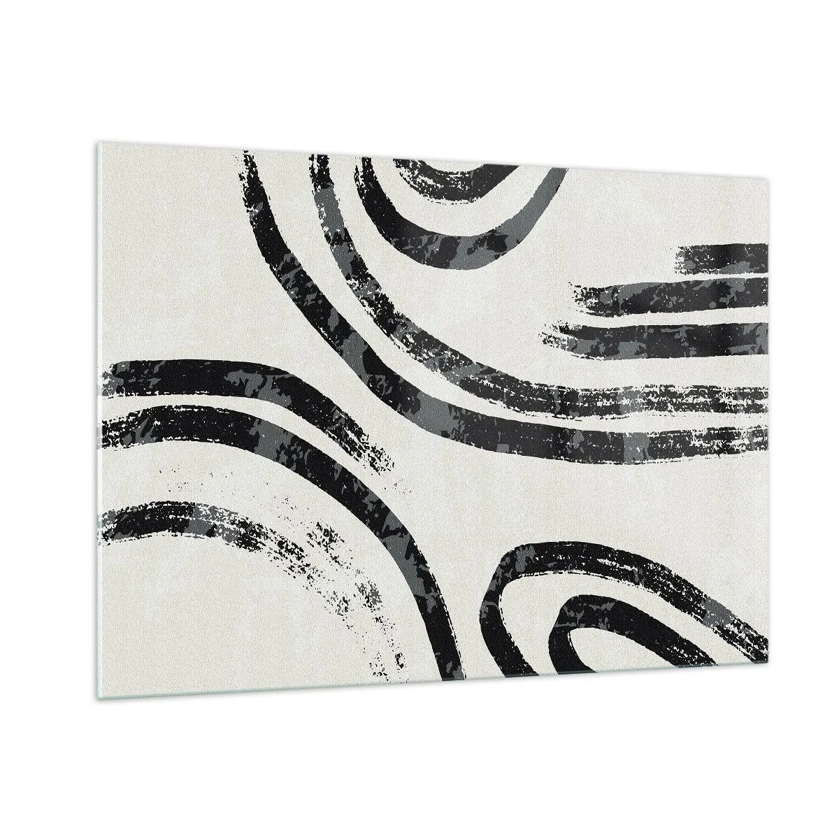 Glasbild - Bild auf glas - Schwarze halbkreisförmige Linien in minimalistischer Abstraktion auf hellem Hintergrund - 100x70cm - Bei Hälfte angehalten - Moderne Wanddekoration für Wohnzimmer und Schlafzimmer ARTTOR