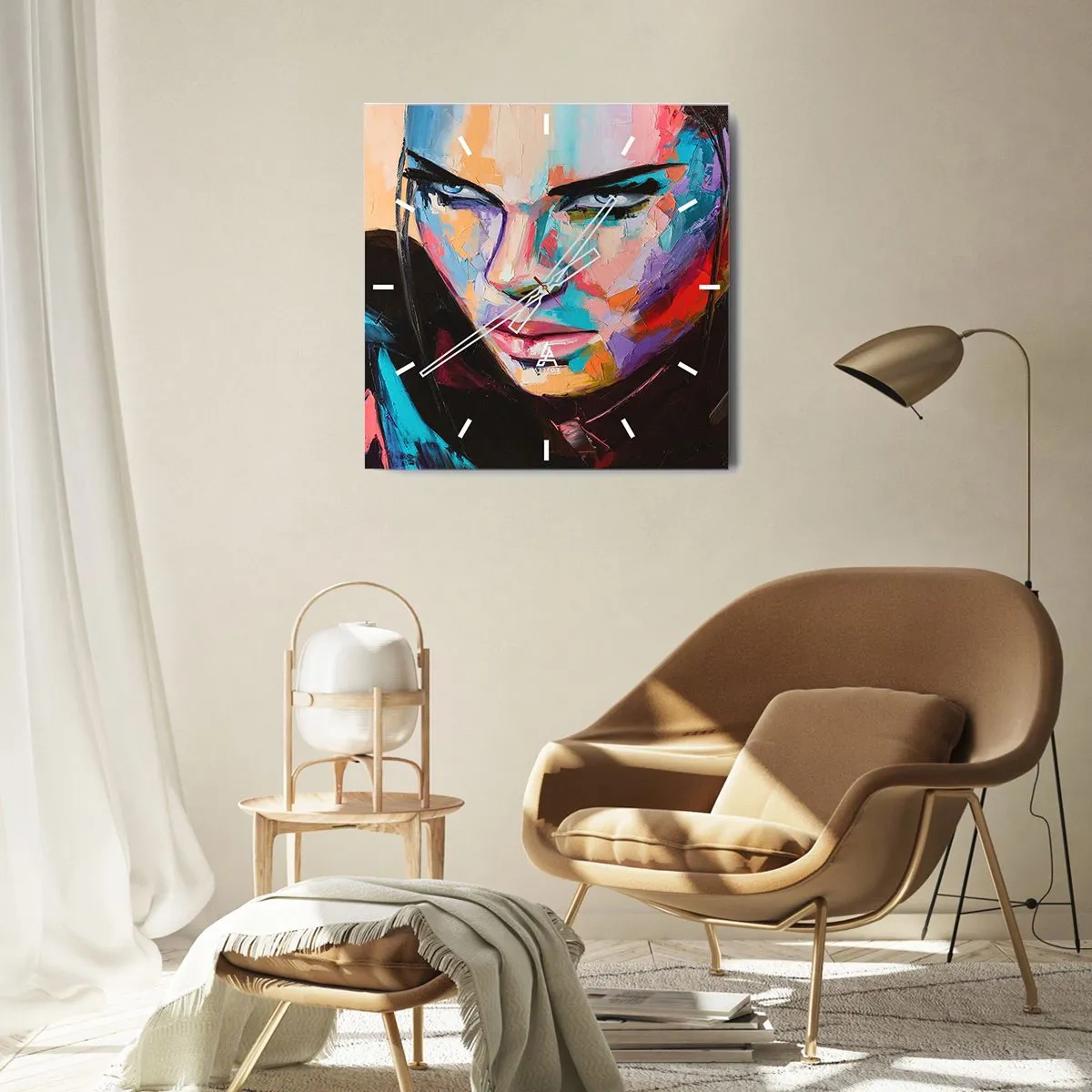 Wanduhr - Glasuhr - Porträt einer Frau in lebendigen abstrakten Farben - 30x30cm - Wild im Herzen - Moderne Wanddekoration für Wohnzimmer und Schlafzimmer ARTTOR